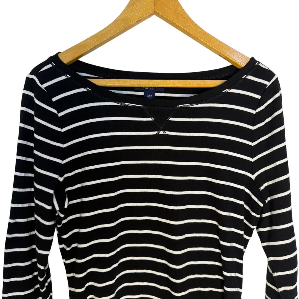 Chaps Women's 3/4 Sleeve Crewneck Boatneck Black White Stripe‎ Cotton Size Large